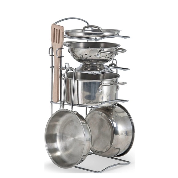 NWT Melissa & Doug Stainless Steel 8 Piece Play Kitchen Cookware Set with Stand - Picture 2 of 4